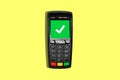 Pay for purchases with a mobile phone or credit card using a POS terminal. Successful and approved payment at the