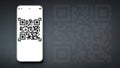 Pay qr code. Mobile smartphone screen for payment, online pay, scan barcode with qr code scanner on digital smart phone on dark