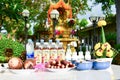Pay respect Shrine and traditional offering in Thailand ,food,fruit