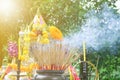 Pay respect Shrine and traditional offering in Thailand ,food,fruit