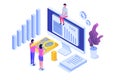 Pay tax online isometric concept. Accountant workspace elements.