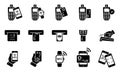 Pay Transaction by Mobile Phone, Smart Watch, Credit Card on POS Silhouette Icon Set. NFC Cashless Wireless Payment Royalty Free Stock Photo