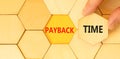 Payback time symbol. Concept words Payback time on wooden puzzles. Beautiful yellow table yellow background. Businessman hand.