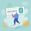 Paycheck Salary and Payroll Payment Concept. Employee Get Earning with Banking Cheque, Man Carry Huge Voucher