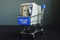 Payday loan sign, money and shopping cart