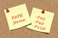 PAYE forms information sticky notes pinned to cork board