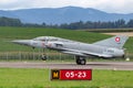 Former Swiss Air Force Dassault Mirage III fighter aircraft J-2012 HB-RDF flying in formation with a Hawker Hunter Royalty Free Stock Photo