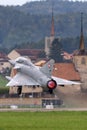 Former Swiss Air Force Dassault Mirage III fighter aircraft J-2012 HB-RDF flying in formation with a Hawker Hunter Royalty Free Stock Photo