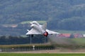 Former Swiss Air Force Dassault Mirage III fighter aircraft J-2012 HB-RDF flying in formation with a Hawker Hunter Royalty Free Stock Photo