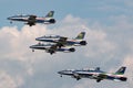 Frecce Tricolori formation display team of the Italian Air Force Aeronautica Militare Italiana flying Aermacchi MB-339PAN aircra