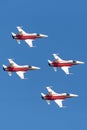 Patrouille Suisse formation display team of the Swiss Air Force flying Northrop F-5E fighter aircraft joined by the Swiss PC-7 tea