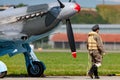 Yakovlev Yak-3M World War II fighter aircraft D-FYGJ with a pilot dressed in period uniform Royalty Free Stock Photo