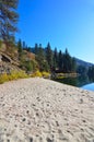 Payette River, Long Sandy Beach, Pine Trees, Reflections, Hills, Blue Sky, Big Sky, Idaho Royalty Free Stock Photo