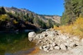 Payette River, Rocks, Yellow Bushes, Pine Trees, Hills, Blue Sky, Reflections, Idaho, Horizontal