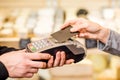 Paying with card in the food store Royalty Free Stock Photo