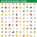 100 paying money icons set, cartoon style