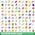 100 paying money icons set, isometric 3d style