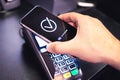 Paying with phone. Contactless payment with smartphone. Digital mobile wallet. Wireless nfc money transaction in store, shop.