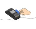 Payment by bank card, credit card in payment terminal, Credit Card Machine color, colored one line art. Continuous line