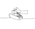 Payment by bank card, credit card in payment terminal, Credit Card Machine one line art. Continuous line drawing of bank