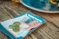 Payment on the bill in a cafe on a plate on a wooden table Royalty Free Stock Photo