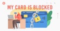 Payment Block during Online Shopping Landing Page Template. Tiny Female Character at Huge Blocked Credit Card with Lock