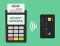 Payment card with contactless terminal. Tap on pos for pay. NFC machine for wireless transaction. Paypass concept. Icon for