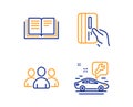 Payment card, Education and Group icons set. Car service sign. Credit card, Instruction book, Group of users. Vector