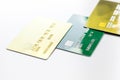 Payment composition with business credit cards at work place white background close up