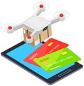 Payment for delivery services, delivers parcel using flying drone. Mobile app in phone and bank card