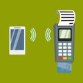 Payment flat design style vector illustration, pos terminal confirms the payment using a smartphone