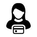 Payment icon vector female user person profile avatar symbol with credit card for banking and finance concept