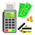 Cash register set with credit cards and cash on a white. Royalty Free Stock Photo