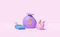 Payment machine or pos terminal with electronic bill payment,piggy bank,invoice or paper check receipt,money bag isolated on pink