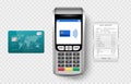 Payment Machine, POSt terminal with cash receipt and credit card isolated on transparent background, vector