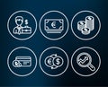 Payment method, Money exchange and Euro currency icons. Coins, Businessman case and Analytics signs.