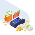 Payment methods icons set. Money transfer vector 3d isometric illustration. Credit card, dollars cash and bank terminal Royalty Free Stock Photo