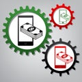 Payment, refill your mobile smart phone,. Vector. Three connected gears with icons at grayish background.. Illustration.