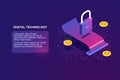 Payment security and money transaction, isometric icon of lock, digital banking, online bank operation, cryptocurrency