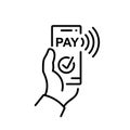 Payment with smartphone black line icon. Vector flat. Royalty Free Stock Photo