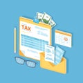 Payment of tax, accounts, bills concept. Financial calendar, tax form on the clipboard, envelope with checks, money, cash, invoice