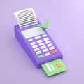 Payment terminal, cartoon style. POS terminal on purple background with check and credit card