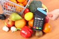 Payment terminal with contactless credit card and fruits and vegetables, cashless paying for shopping concept Royalty Free Stock Photo