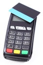 Payment terminal with contactless credit card on white background, cashless paying for shopping, finance concept Royalty Free Stock Photo