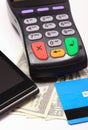 Payment terminal, credit card and mobile phone with NFC technology, money Royalty Free Stock Photo