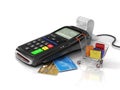 Payment terminal with credit card, money and shopping bag on white background, credit card reader, sales concept.