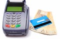 Payment terminal with credit card and money on white background Royalty Free Stock Photo