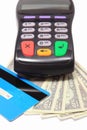 Payment terminal with credit card and money Royalty Free Stock Photo