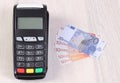 Payment terminal, credit card reader with currencies euro, cashless paying for shopping or products Royalty Free Stock Photo