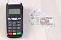 Payment terminal, credit card reader with polish money, cashless paying for shopping or products Royalty Free Stock Photo